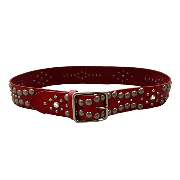 Linea Pelle Red Leather Silver Studded Belt - Picture 11 of 12
